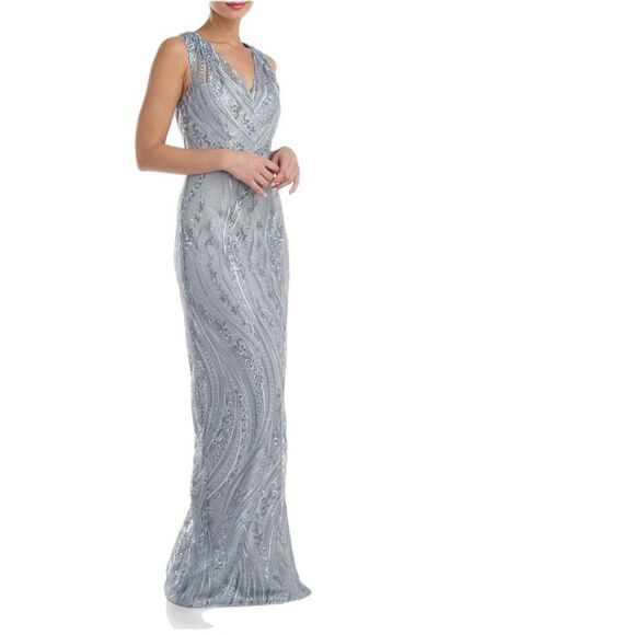 NWT JS Collections embroidered floral and sequin v-neck column gown in silver. S - Picture 2 of 16